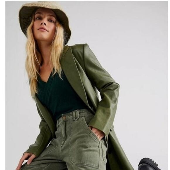 Free People Women's Trinity Faux Leather Trench Coat Long Sleeve Green Size XS - Picture 3 of 13